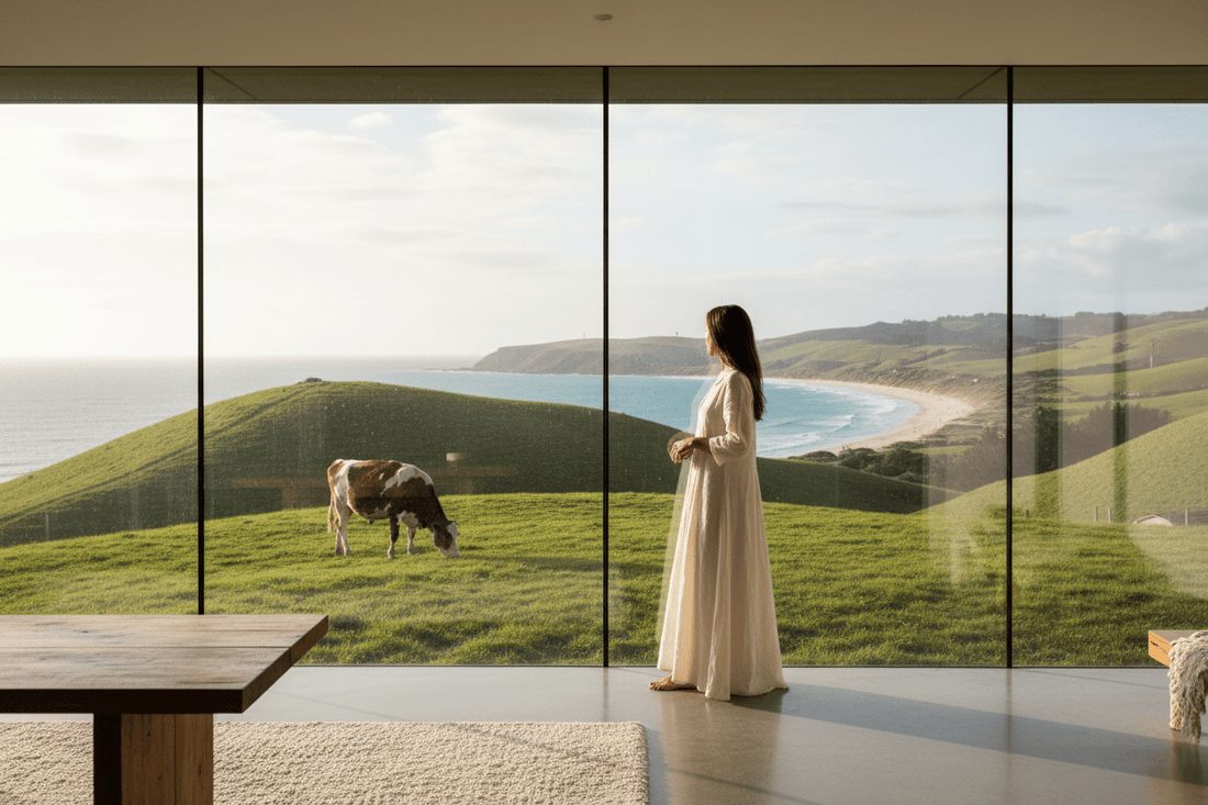 Woman in white dress overlooking coastal green hills with grazing cow - My Journey to Tallow Nation Natural Skincare