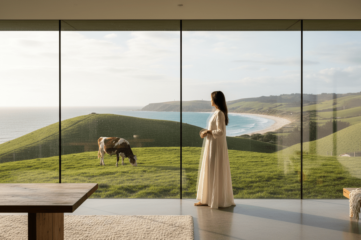 Woman in white dress overlooking coastal green hills with grazing cow - My Journey to Tallow Nation Natural Skincare