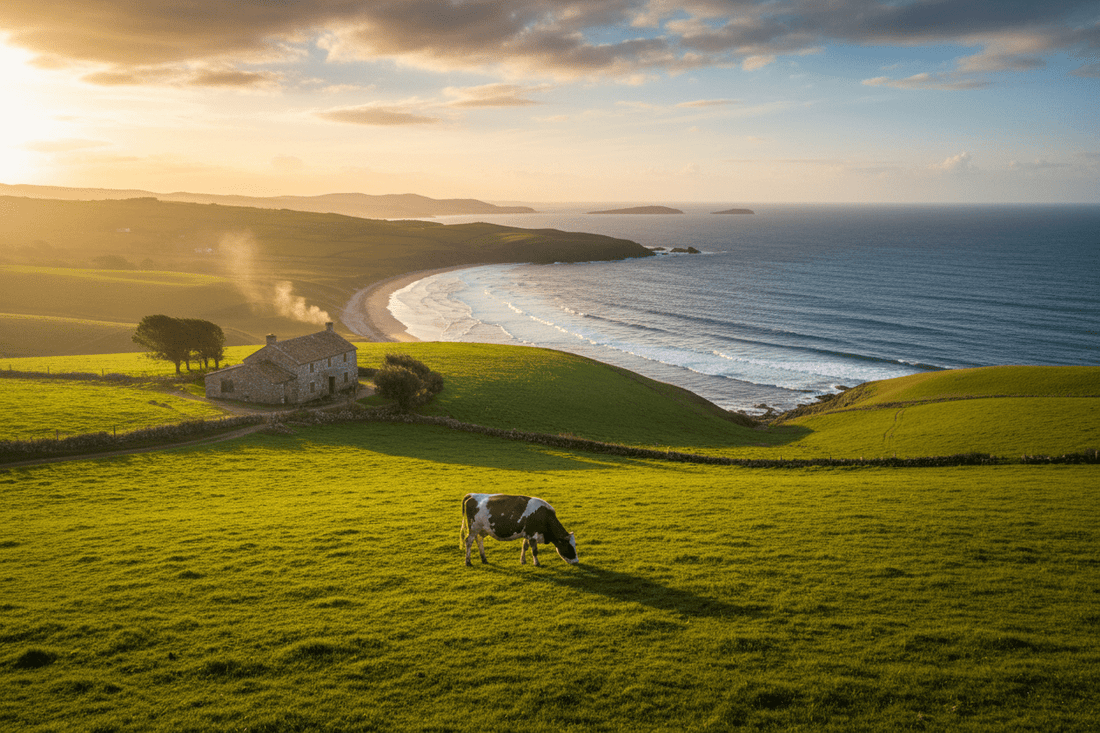 Grass-fed cow grazing on lush green coastal pasture - What is Tallow Skincare | Tallow Nation