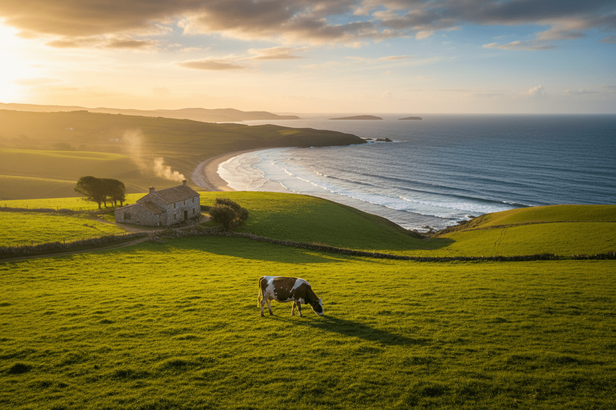 Grass-fed cow grazing on lush green coastal pasture - What is Tallow Skincare | Tallow Nation
