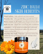Infographic about the skin benefits of using Tallow Nations Calendula Zinc Balm, with the jar of balm on bottom and calendula flowers on the side on a background of cows grazing on farmland with blue sky.