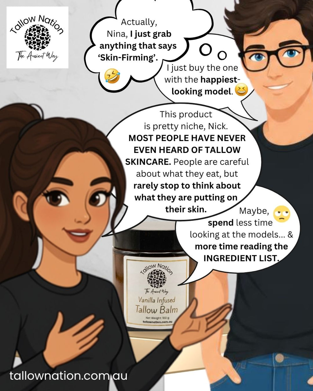 A promotional graphic for Tallow Nation Tallow Balm featuring a cartoon illustration of a man and woman with speech bubbles discussing the product, alongside a photo of the jar of balm in the center.