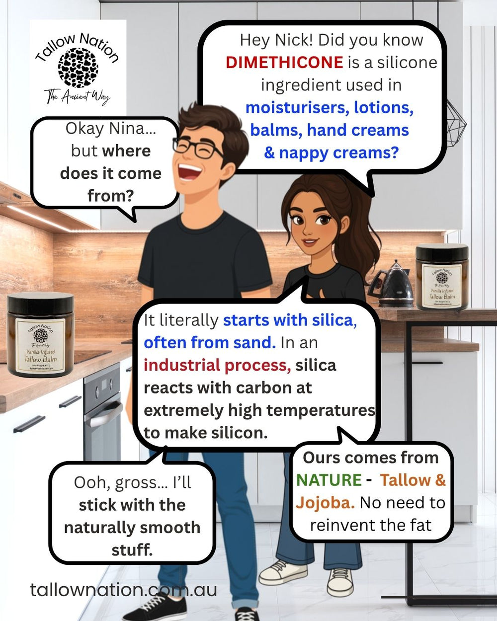 An educational infographic poster about dimethicone, featuring cartoon characters in a kitchen setting with product jars and text bubbles explaining its origins and uses. The brand 'Tallow Nation' is visible in the top left corner.