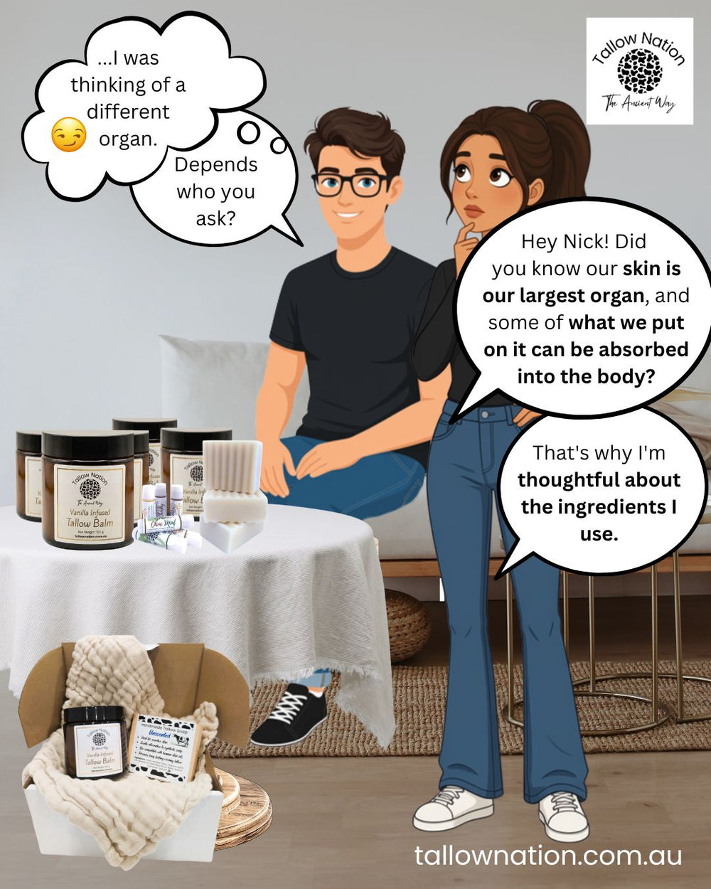 Cartoon conversation with Nick and Nina talking about the skin being the largest organ of the body and how skin can absorb what we put on it.
