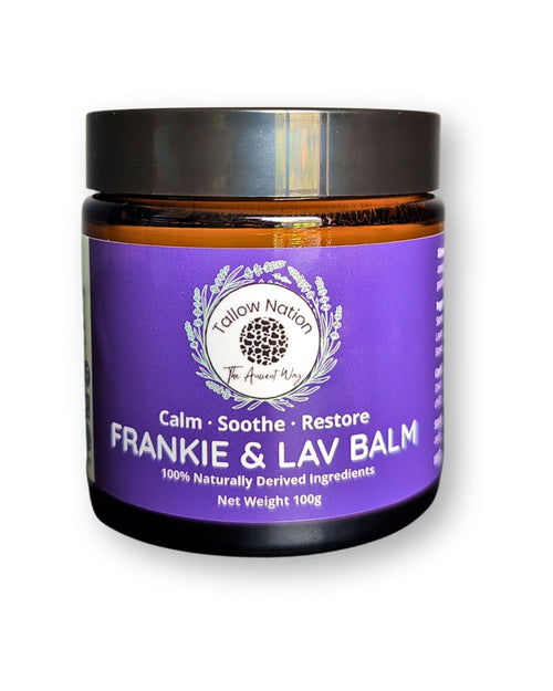 A single product picture of Tallow Nation Frankie and Lavender Tallow Balm on a white background.