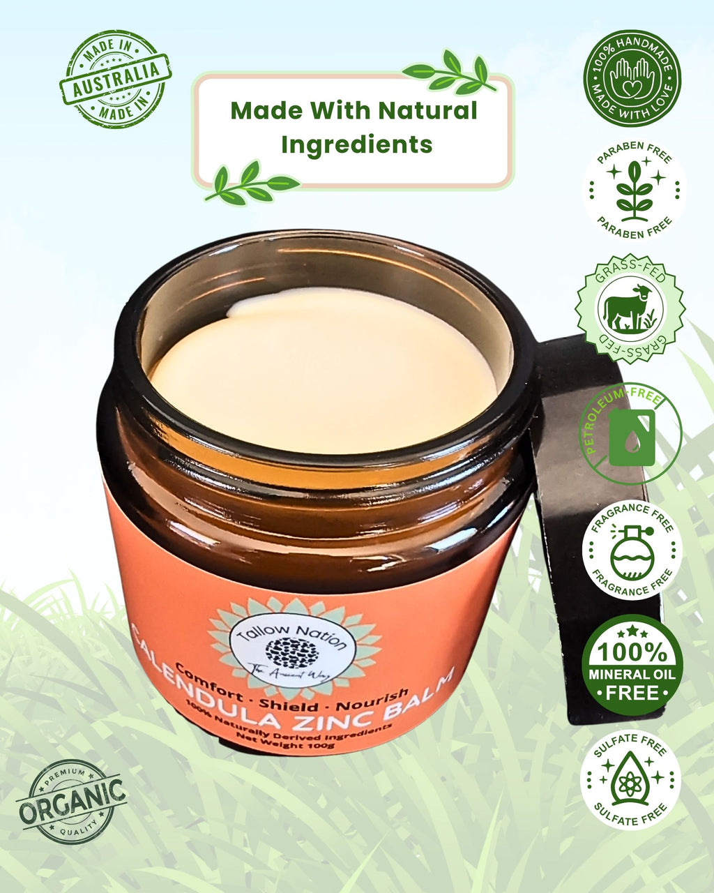 A jar of Tallow Nation Calendula Tallow Zinc Balm 100g with badges around the sides and made with natural ingredients along the top on a grass background.
