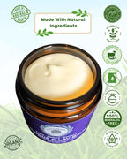 A single product picture of an opened lavender tallow balm with icons around the balm on a grass graphic.