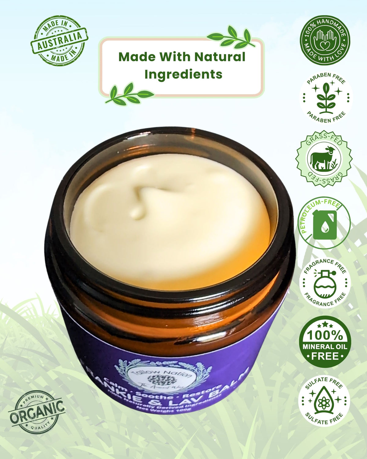 A single product picture of an opened lavender tallow balm with icons around the balm on a grass graphic.