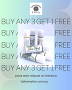 Promotional graphic for Tallownation featuring three lip balm tubes and one lip balm bar labeled 'Chic Moist' on a white background, surrounded by large text reading 'BUY ANY 3 GET 1 FREE' and a soft blue-green gradient backdrop.