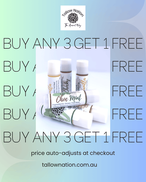 Promotional graphic for Tallownation featuring three lip balm tubes and one lip balm bar labeled 'Chic Moist' on a white background, surrounded by large text reading 'BUY ANY 3 GET 1 FREE' and a soft blue-green gradient backdrop.