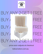 Promotional graphic for Tallow Nation award-winning soap bars, featuring a central photo of three stacked cream-colored handmade soap bars on a white background, set against a purple and blue gradient backdrop with 'BUY ANY 2 GET 1 FREE' text and the Tallow Nation logo.