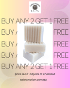 Promotional graphic for Tallownation featuring a stack of three cream-colored handmade bars of soap in the center, with a pastel yellow-to-pink gradient background and repeated text reading 'BUY ANY 2 GET 1 FREE'.