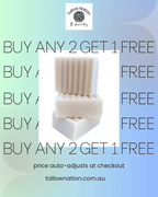 Promotional graphic for Tallownation featuring three stacked cream-colored handmade soaps on a white background, set against a pastel green-to-blue gradient backdrop with repeated 'BUY ANY 2 GET 1 FREE' text and the Tallownation logo.