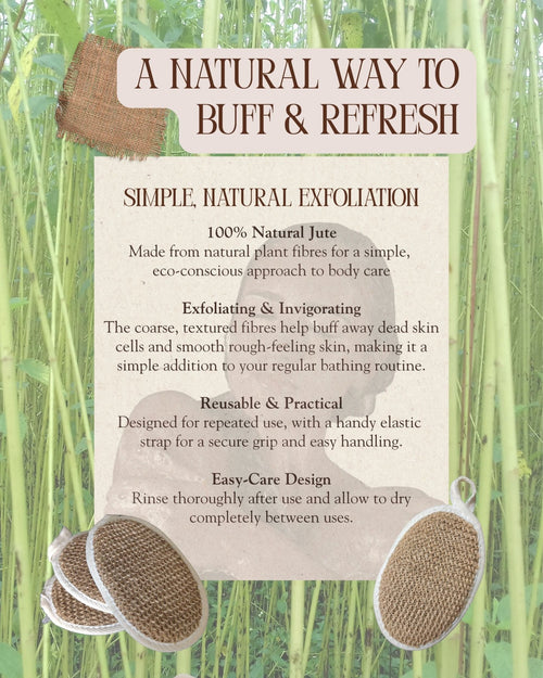 Infographic about a Bath Pad and its uses, on a background of Jute plants with the Jute bath pad on both bottom corners.