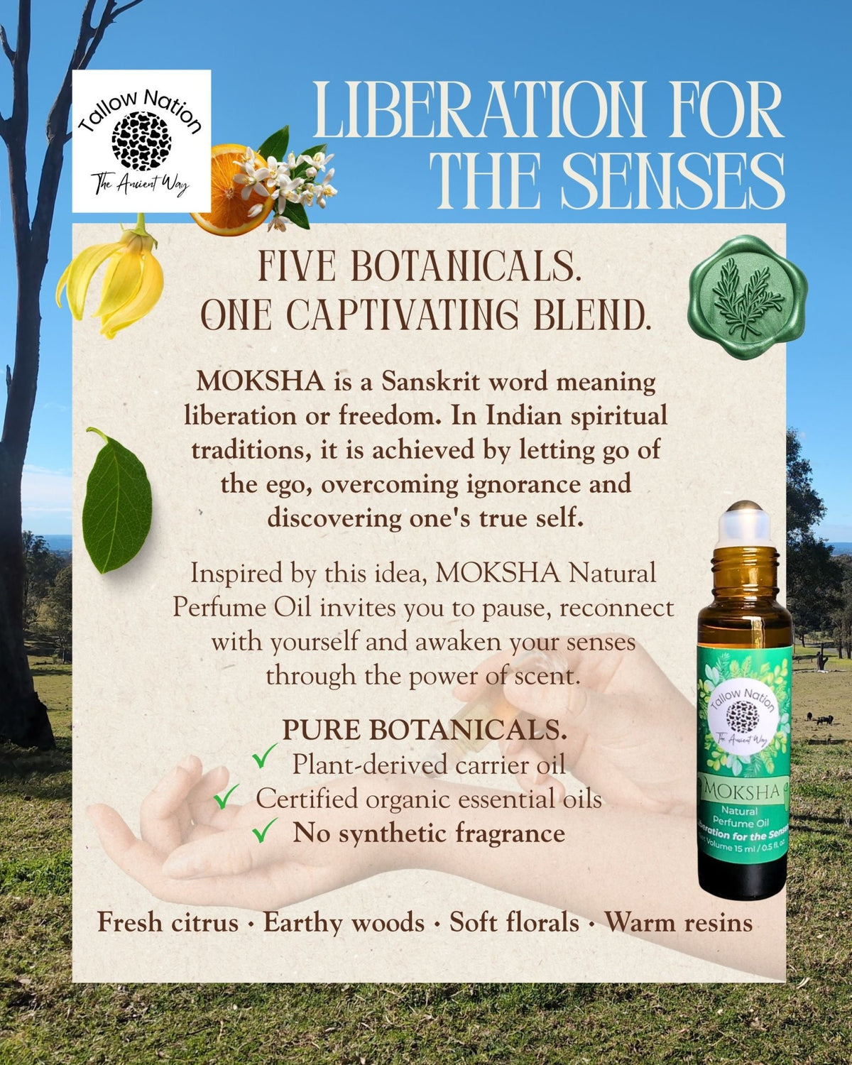Infographic about Tallow Nation's Natural Perfume Oil, contains a description about the meaning behind the word Moksha.