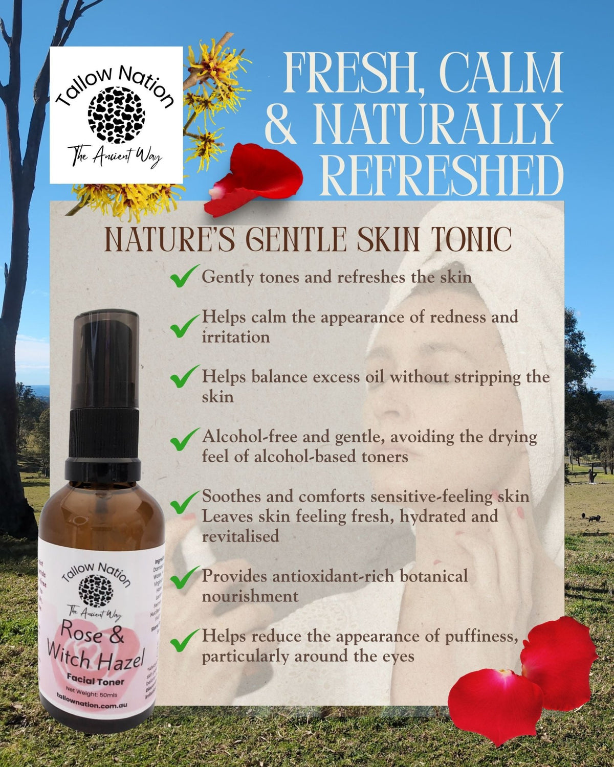 Rose and Witch Hazel Toner | Hydrating | Australian-Made - Tallow Nation