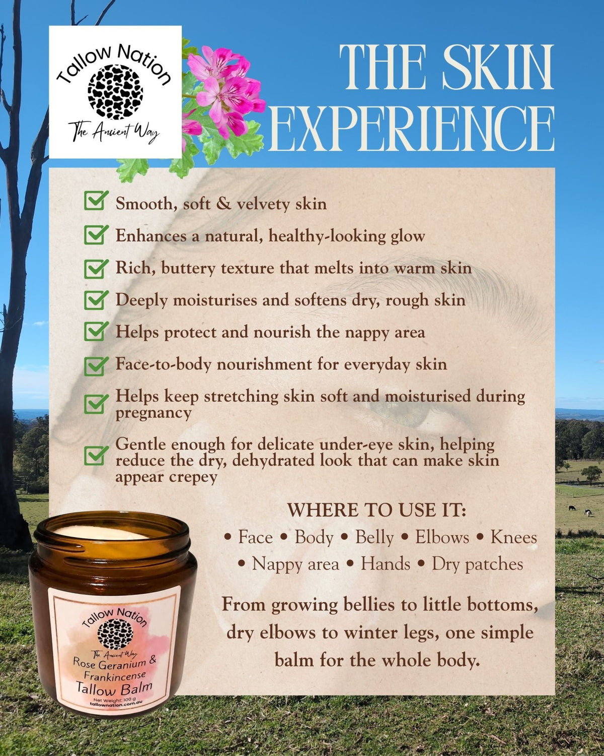 Tallow Balm Australia | Tallow Moisturiser | Rose Geranium - Face Balm - Tallow Nation