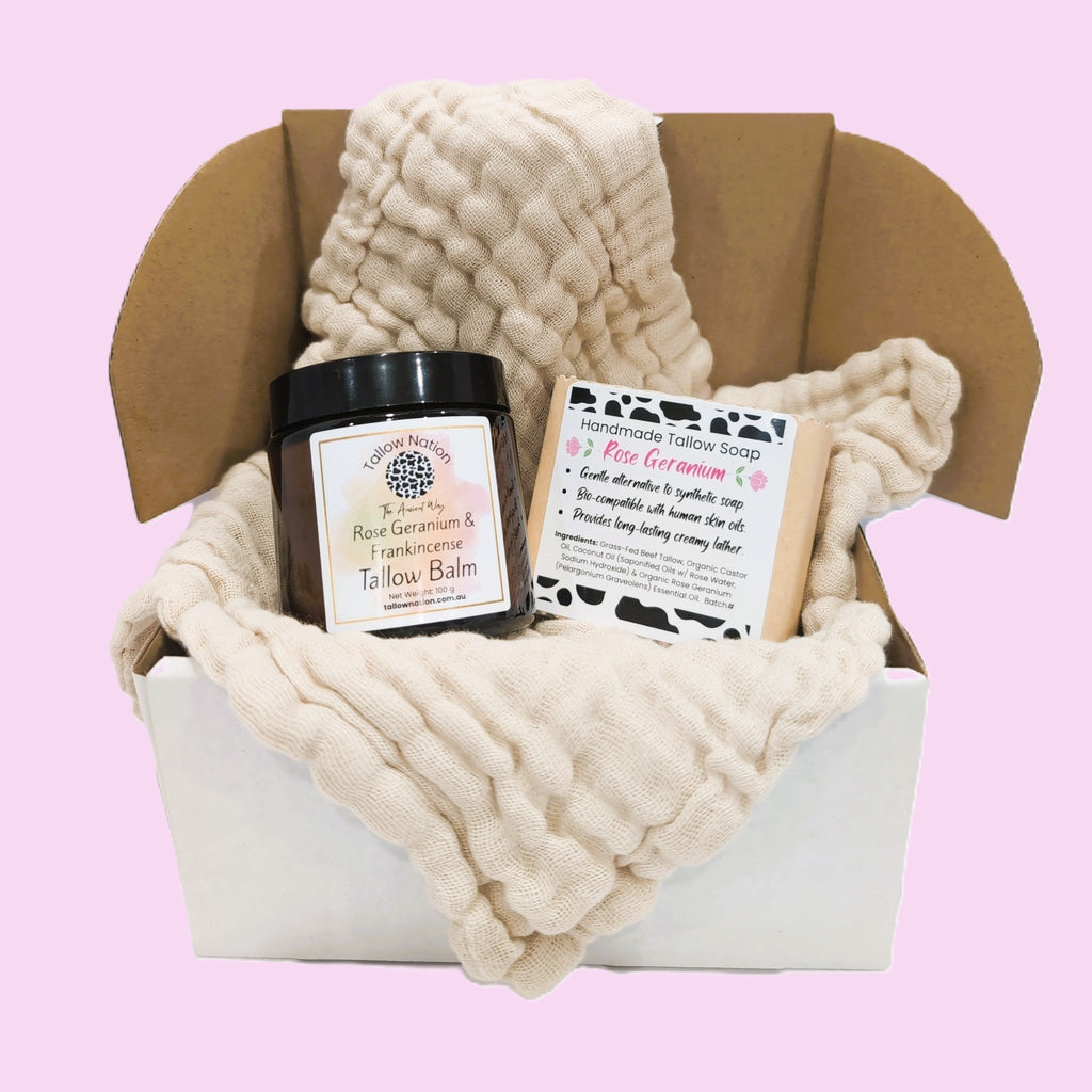 Rose and frankincense tallow skincare bundle - balm, soap and face cloth - Tallow Nation Australia