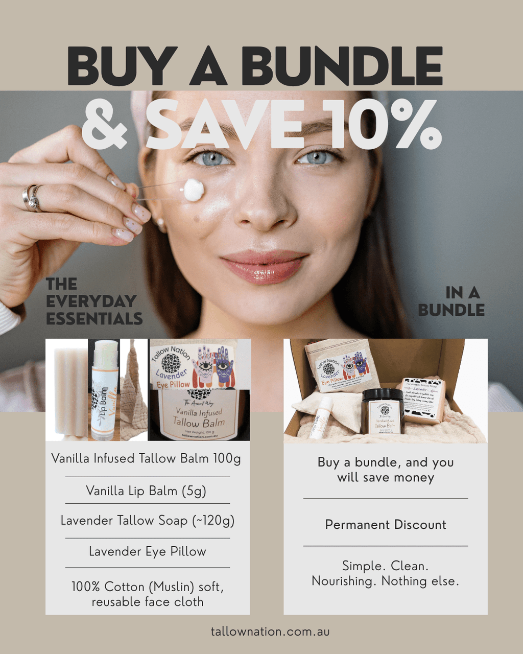 Save 10% on Tallow Nation 5-piece natural skincare bundle - Australian made grass-fed tallow
