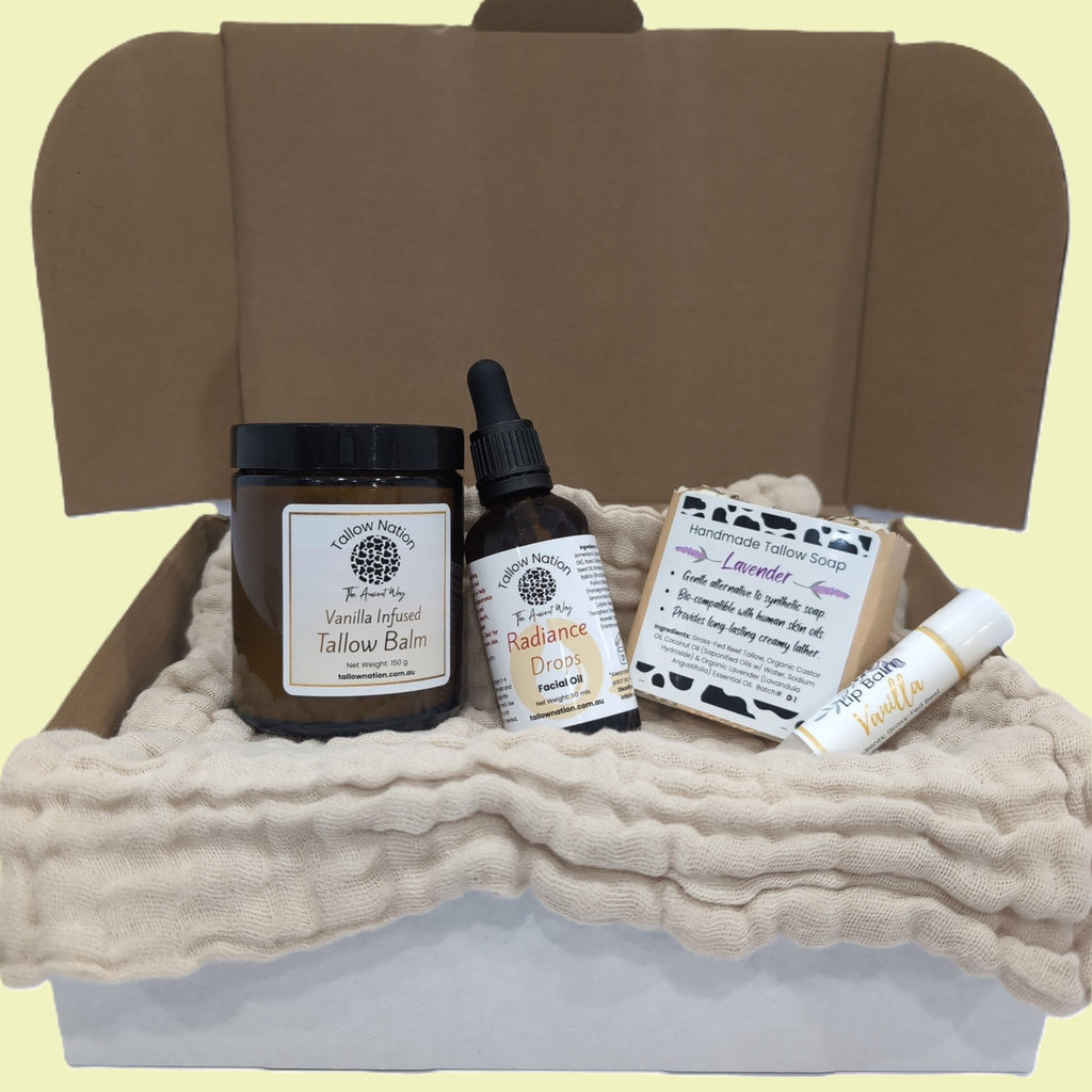 Deluxe Tallow Nation skincare gift set- 5-piece bundle with face/body vanilla balm, vanilla lip balm, lavender soap, Radiance drops and a face cloth