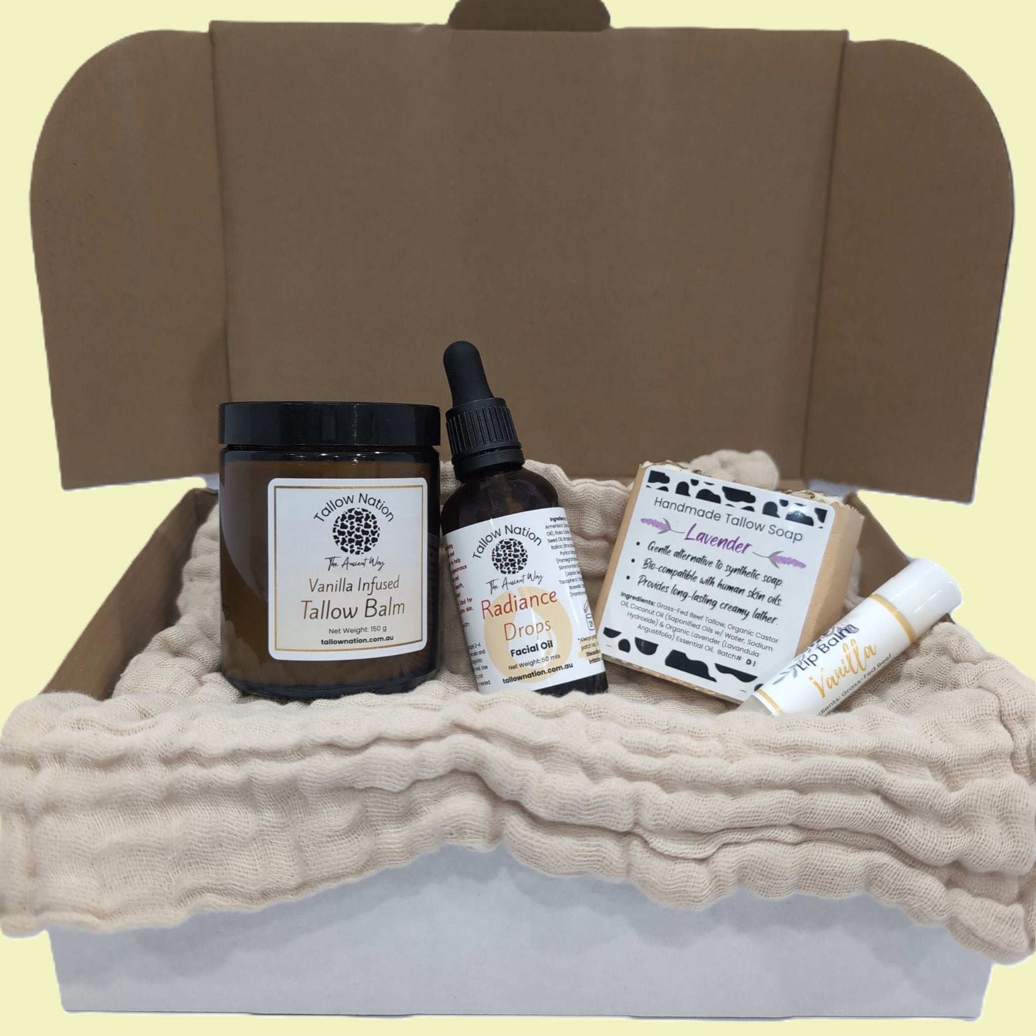Deluxe Tallow Nation skincare gift set- 5-piece bundle with face/body vanilla balm, vanilla lip balm, lavender soap, Radiance drops and a face cloth