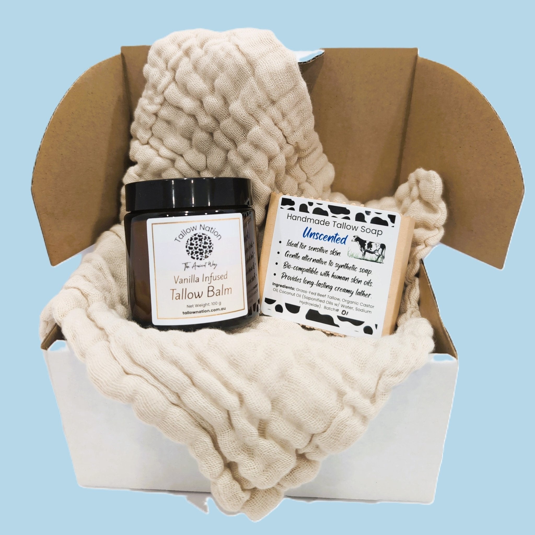Tallow skincare gift set with vanilla balm, unscented soap and cotton face cloth - Tallow Nation Australia